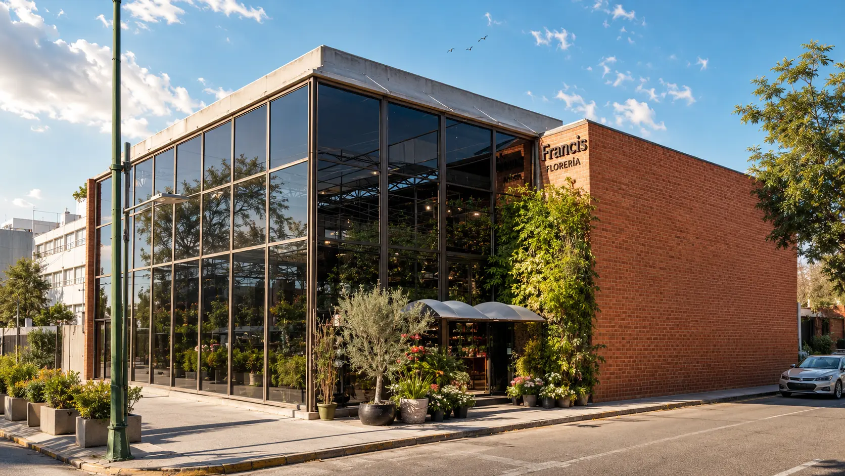 Fachada de la florería Francis en San Luis Potosí, edificio de ladrillo y cristal rodeado de plantas